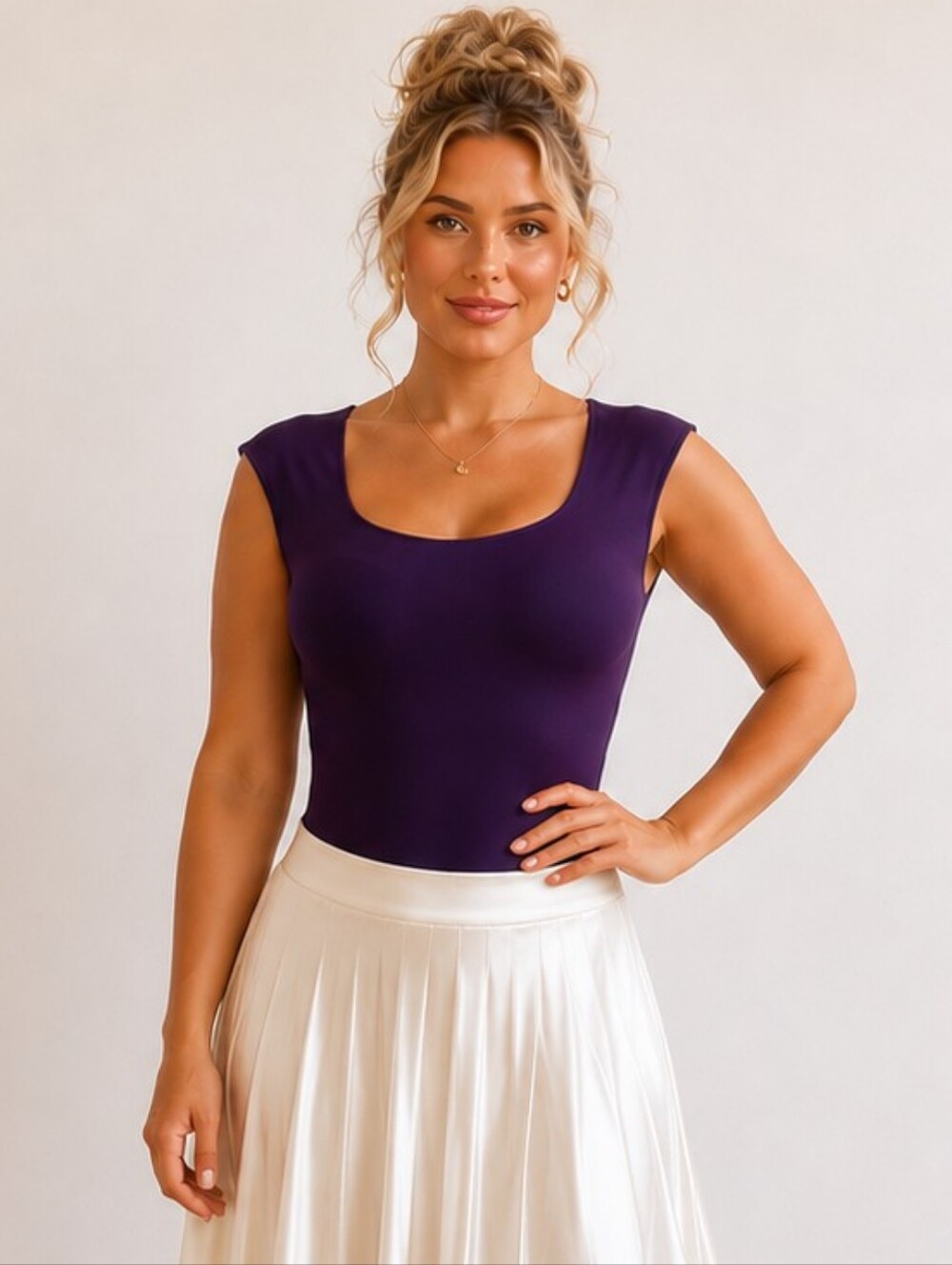 Express Body Contour Purple Sculpt Bodysuit Square Neck Fitted Top L